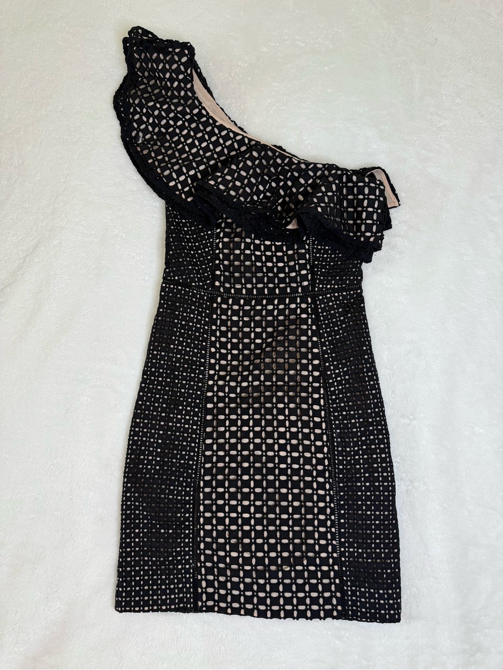 J. Crew Black One-Shoulder Ruffle Sheath with Nude Underlay